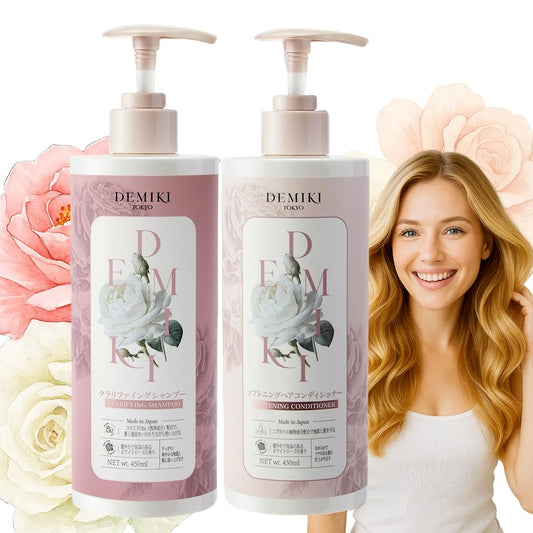 DEMIKI Japanese shampoo bottle, sulfate-free formula for oily hair care.