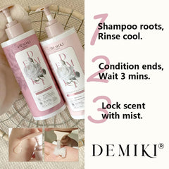 DEMIKI moisturizing shampoo close-up shows hydration and shine benefits.