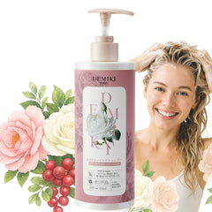 DEMIKI Shampoo Women bottle with rose scent elevates daily cleansing ritual.