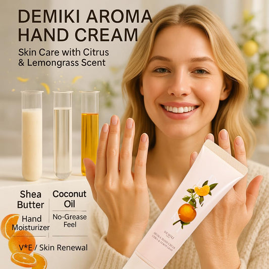 Close-up of DEMIKI hand cream being applied to hands for quick hydration
