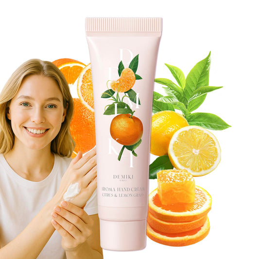 DEMIKI hand cream packaging on a clean surface, travel-size 50g for on-the-go hydration