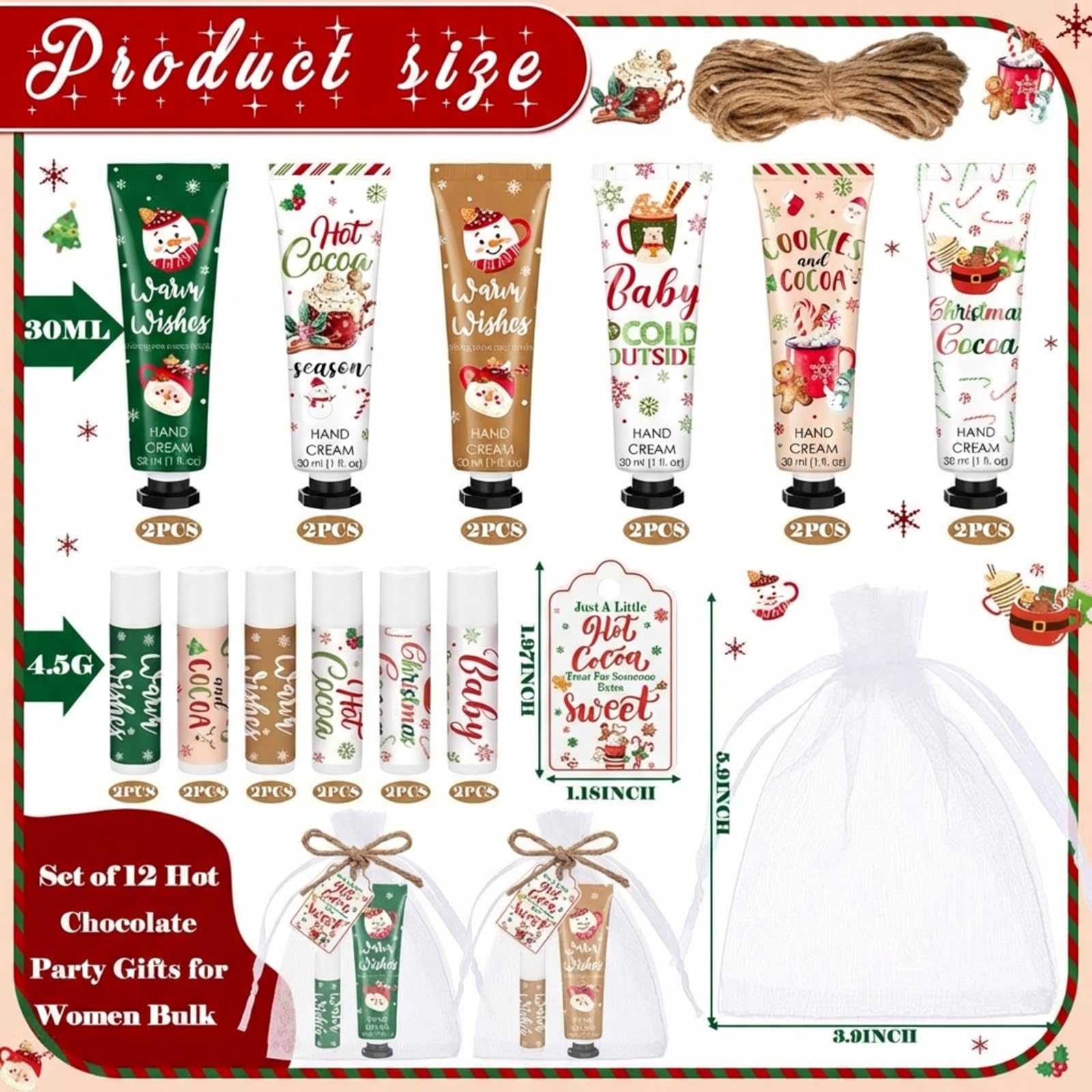 Demissle Christmas cards and organza bags included for gifting.