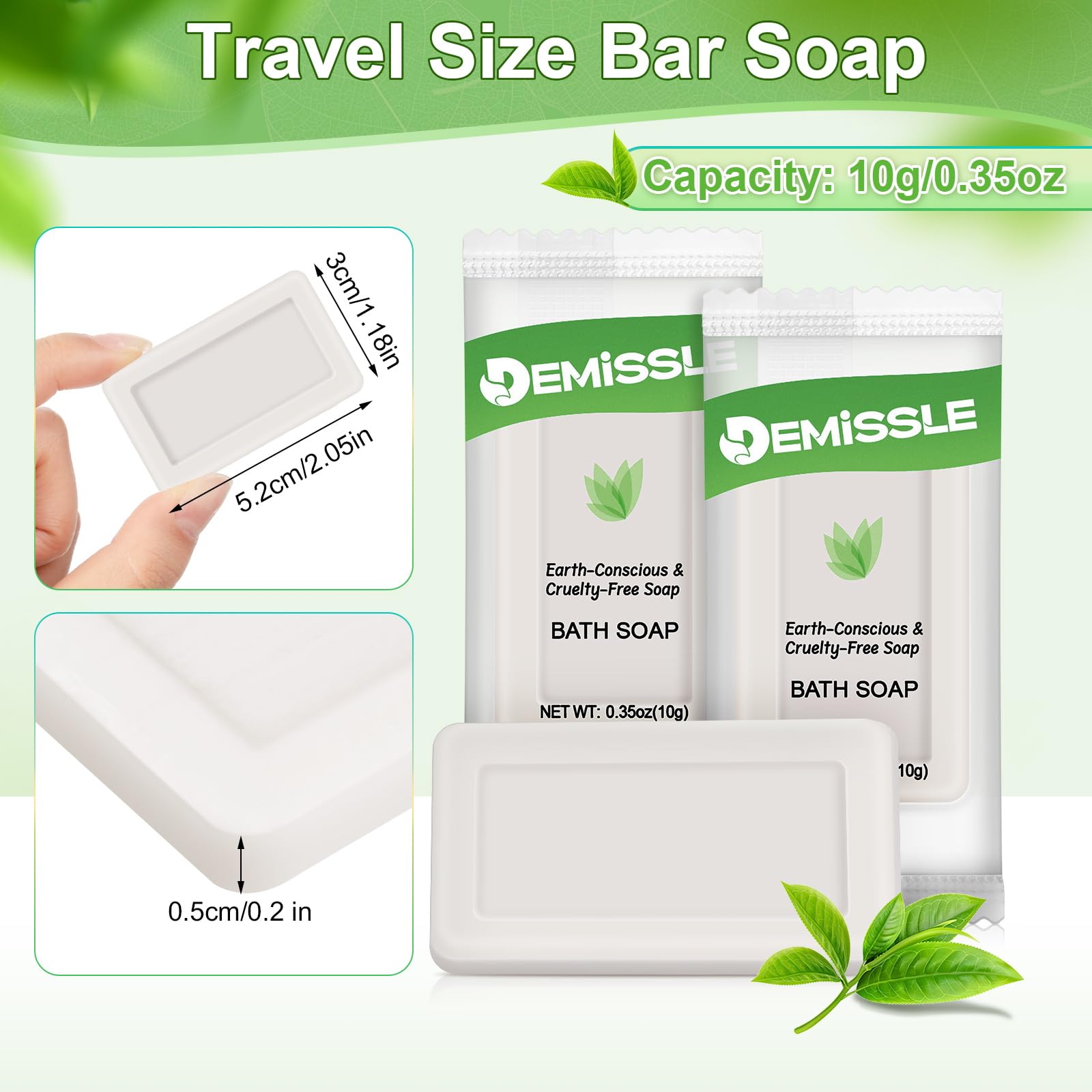 Demissle mini soap bar showing compact dimensions of 5.2 cm by 3 cm for travel.