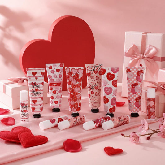 Demissle red pink heart pattern packaging for gifting.