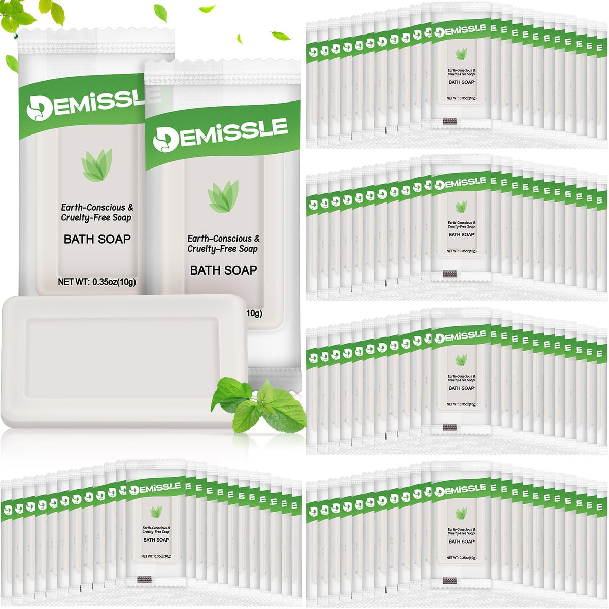 Demissle travel-size soap bar; compact 200-piece pack for hotels and guests.