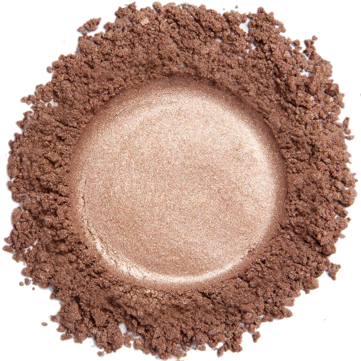 Demure Mineral Eye Shadow Pink Copper glimmer closeup shows wearable shimmer for day and night