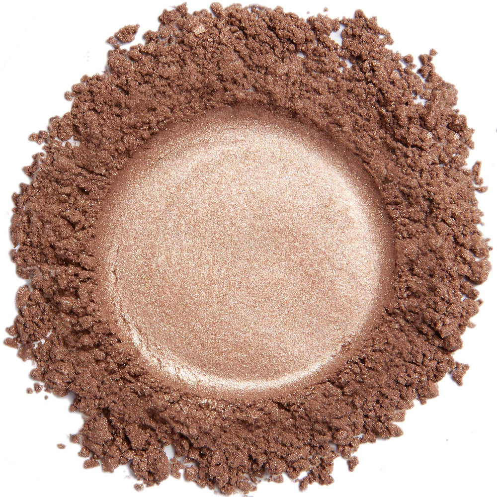 Demure Mineral Eye Shadow Pink Copper glimmer closeup shows wearable shimmer for day and night