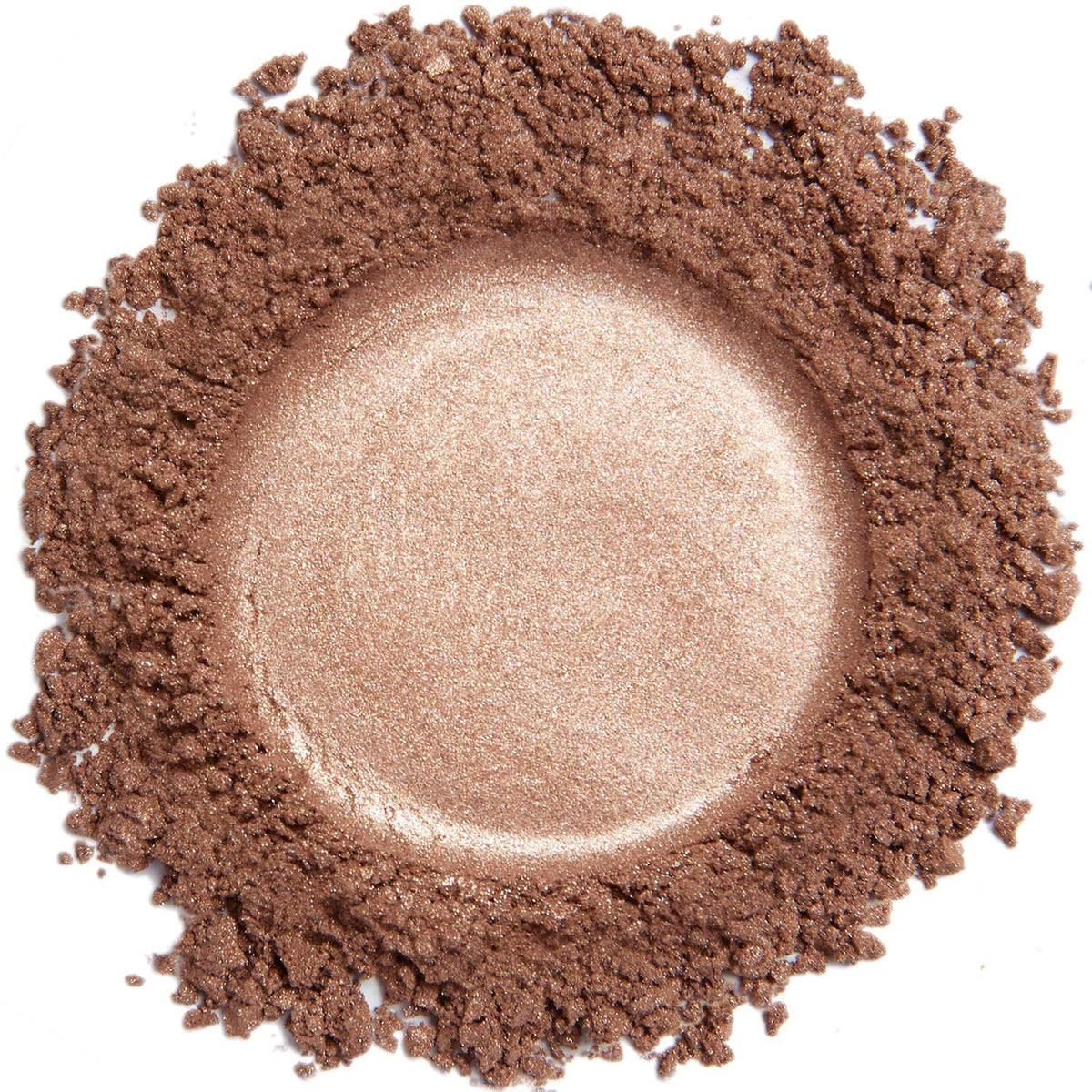 Demure Mineral Eye Shadow Pink Copper glimmer closeup shows wearable shimmer for day and night