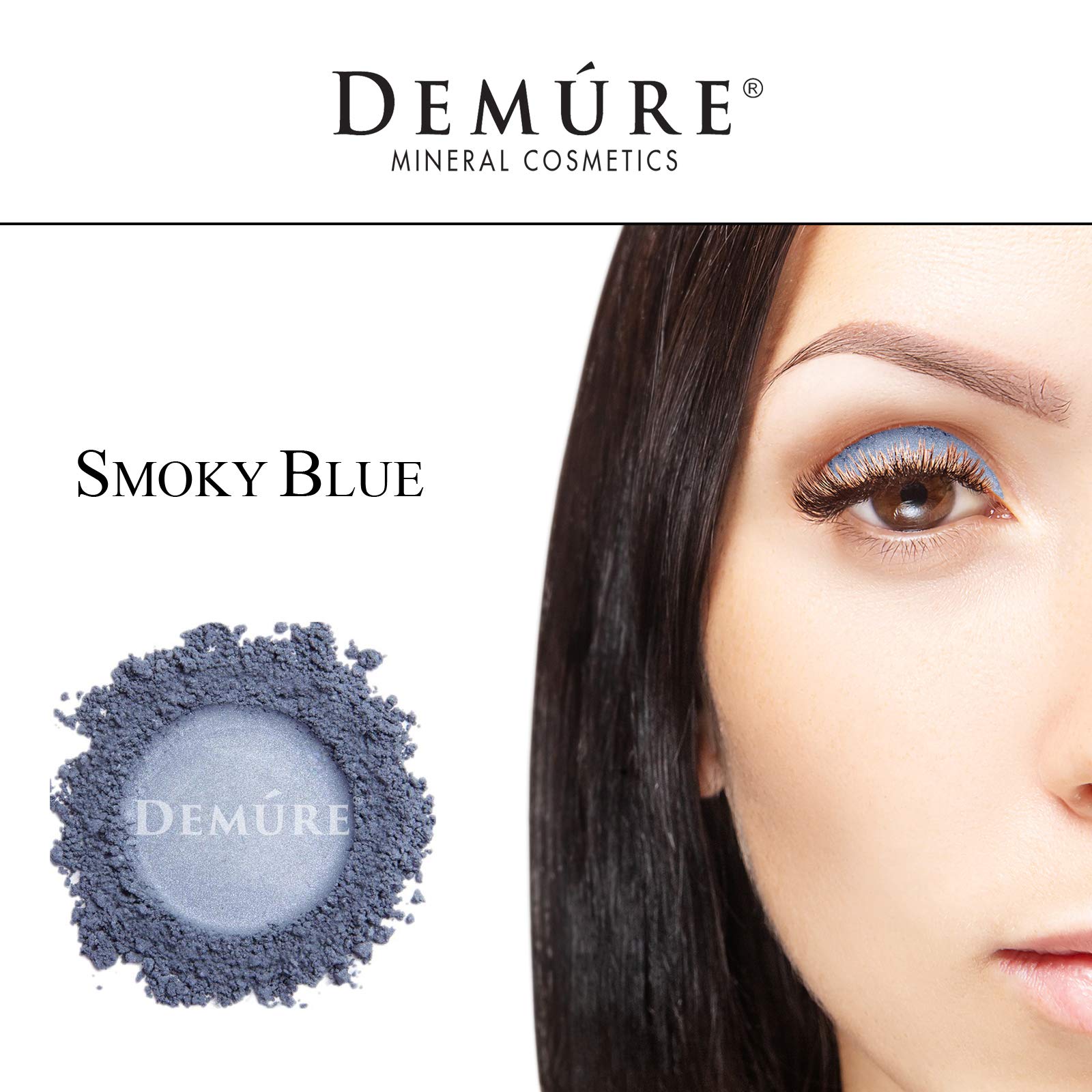 DEMÚRE mineral eye shadow smoky blue on lid provides buildable color for versatile looks