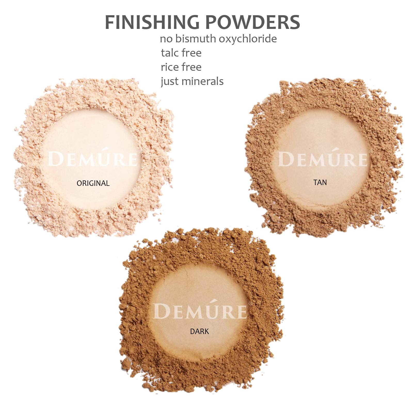 Close shot of DEMÚRE Demure Mineral Finishing Powder in Tan, breathable mineral formula for everyday wear.