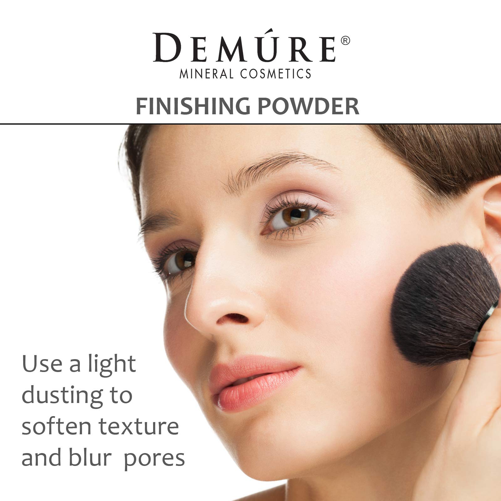 DEMÚRE Demure Mineral Finishing Powder in Tan packaging box shown, cruelty-free and USA-made.