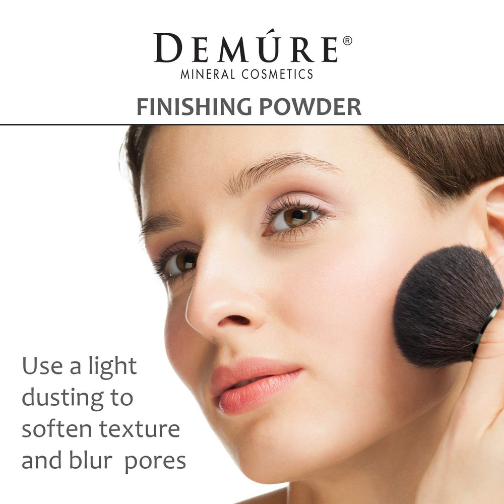 DEMÚRE Demure Mineral Finishing Powder in Tan packaging box shown, cruelty-free and USA-made.