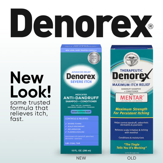 Pouring Denorex Advanced Relief for easy application on itchy scalp