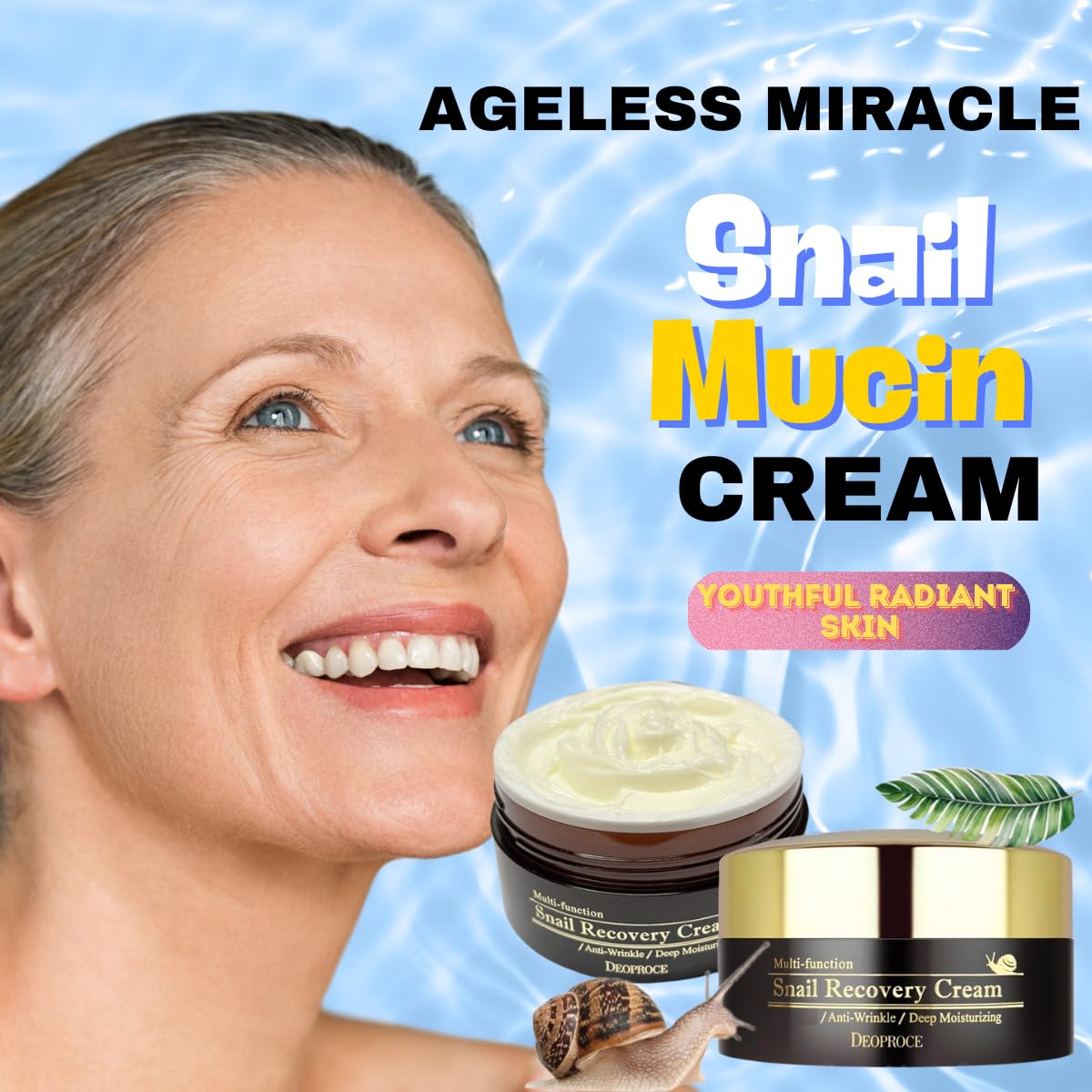 Deoproce snail mucin graphic illustrating nourishing mucin film benefits