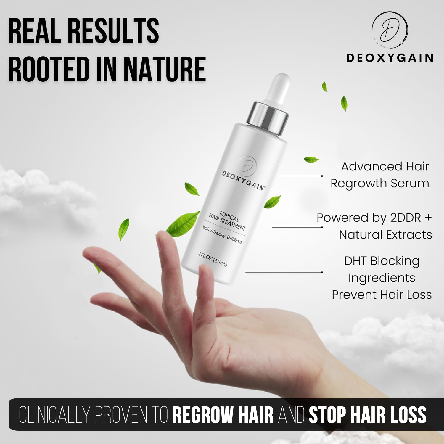 Close-up of Deoxygain bottle pouring clear gel for quick absorption.