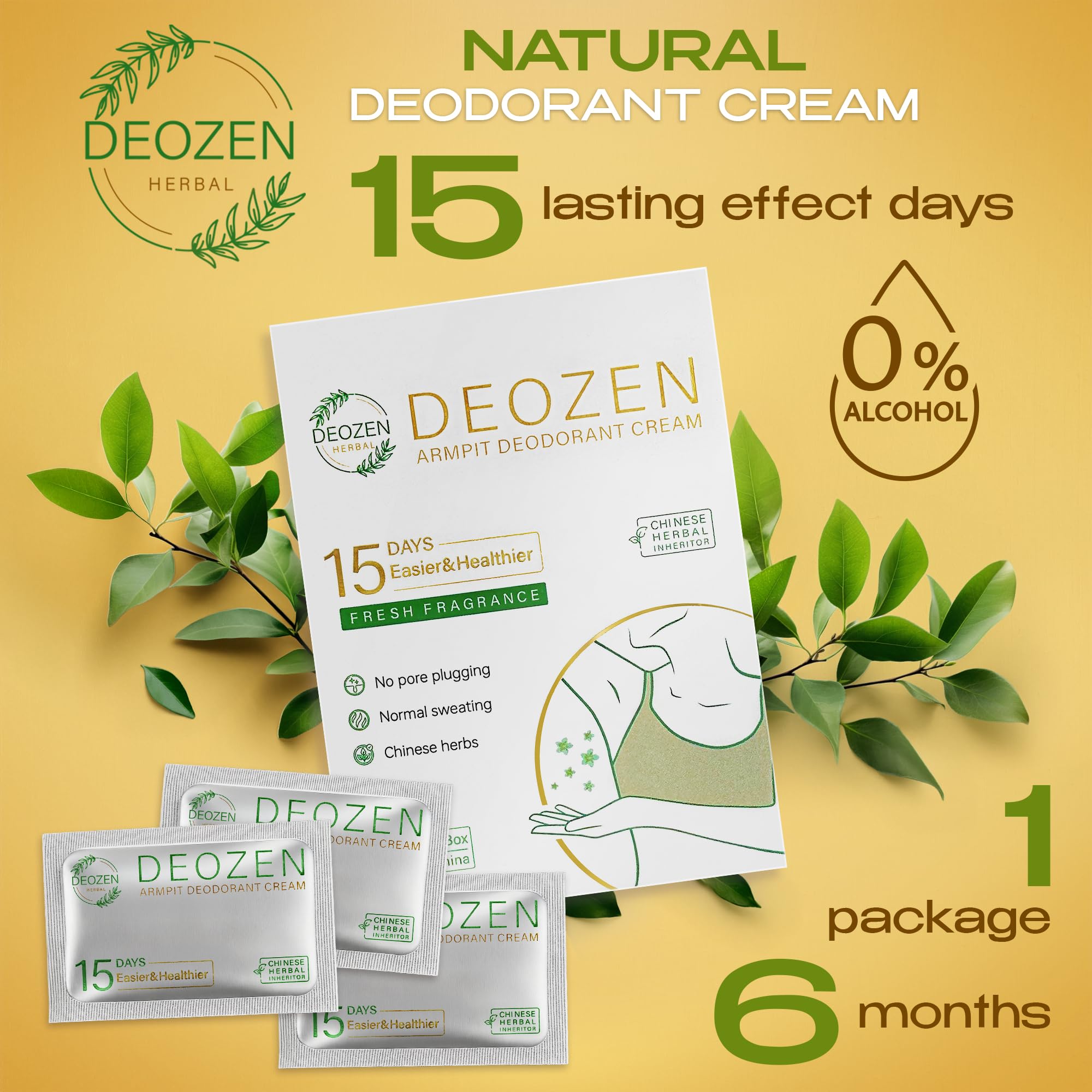 Deozen armpit deodorant cream label highlighting aluminum-free herbal care.