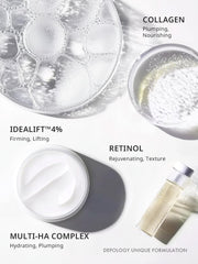 Depology multi-HA complex hydration close-up emphasizes plump, hydrated skin texture.