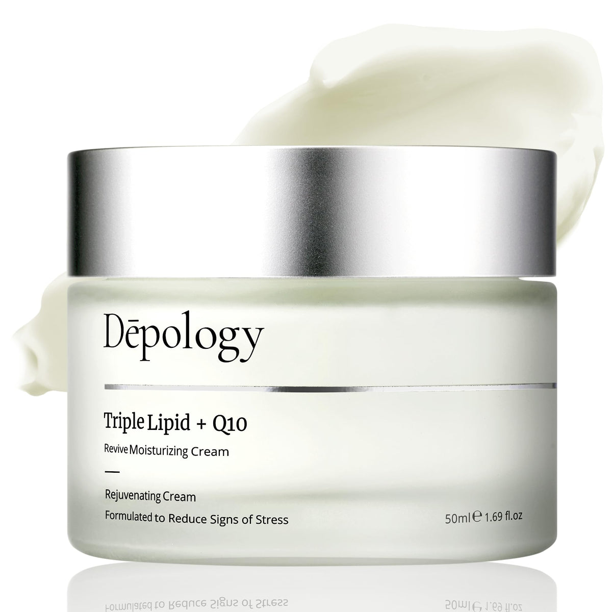 Depology Triple Lipid+Q10 facial moisturizer bottle closeup showing lightweight hydration.