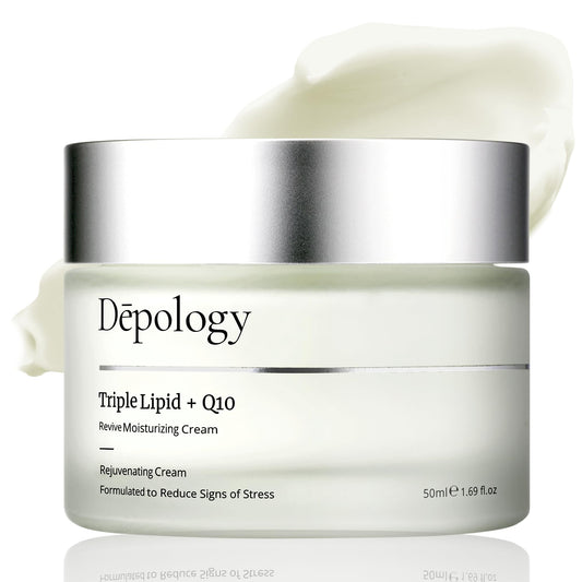 Depology Triple Lipid+Q10 facial moisturizer bottle closeup showing lightweight hydration.