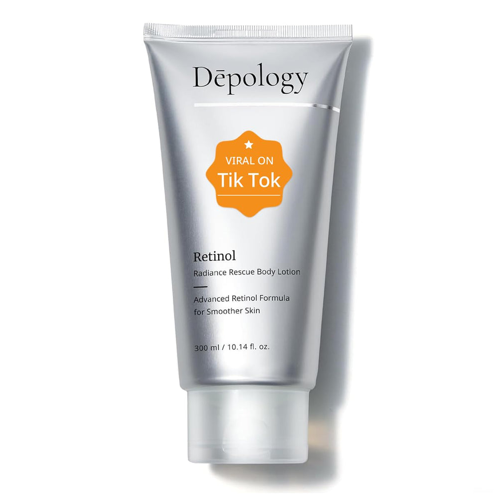 Depology ultra-size firming retinol body lotion bottle showcasing premium packaging and firming potential.