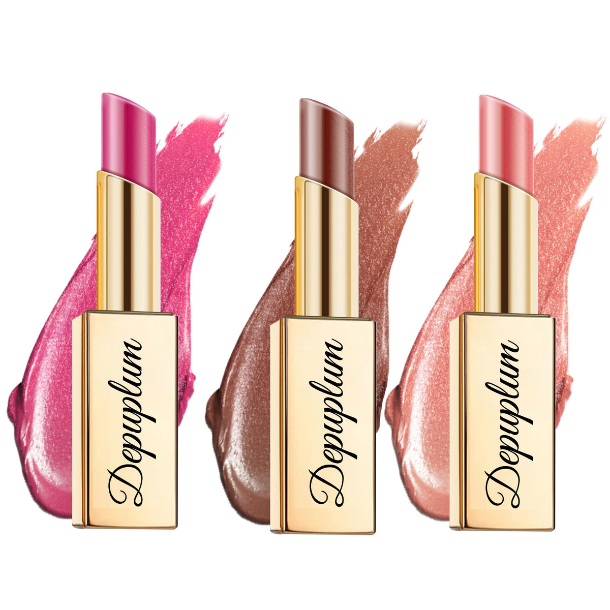 Depuplum hot pink brown nude lipstick set packaging highlights premium vegan formula and chic design.