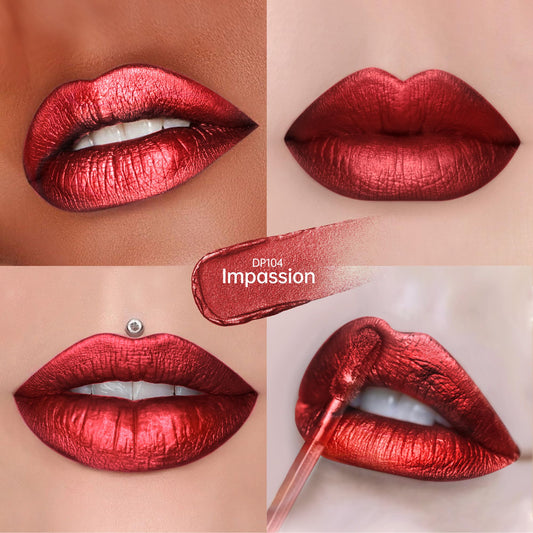 Depuplum DP104-107-108 lipstick swatch shows rich dark red pigmentation.