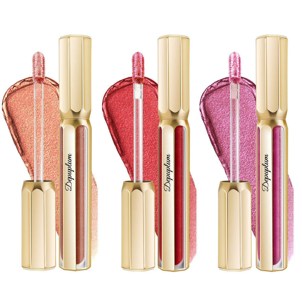 Depuplum metallic lipstick tubes show dual shine for a bold day-to-night look.