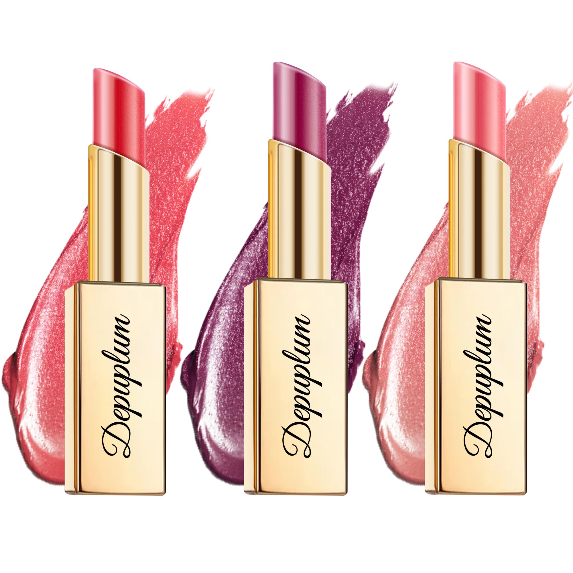 Depuplum red mulberry pink lipstick set close-up shows natural shimmer on lips