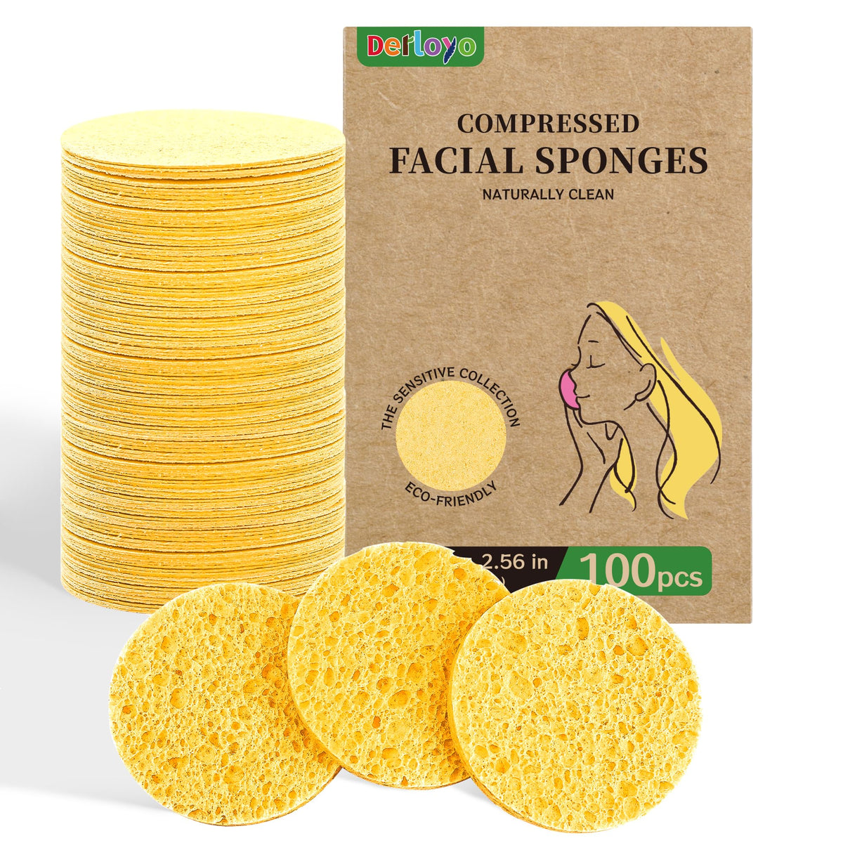 Derloyo compressed facial sponges yellow pack for easy travel and daily cleansing.