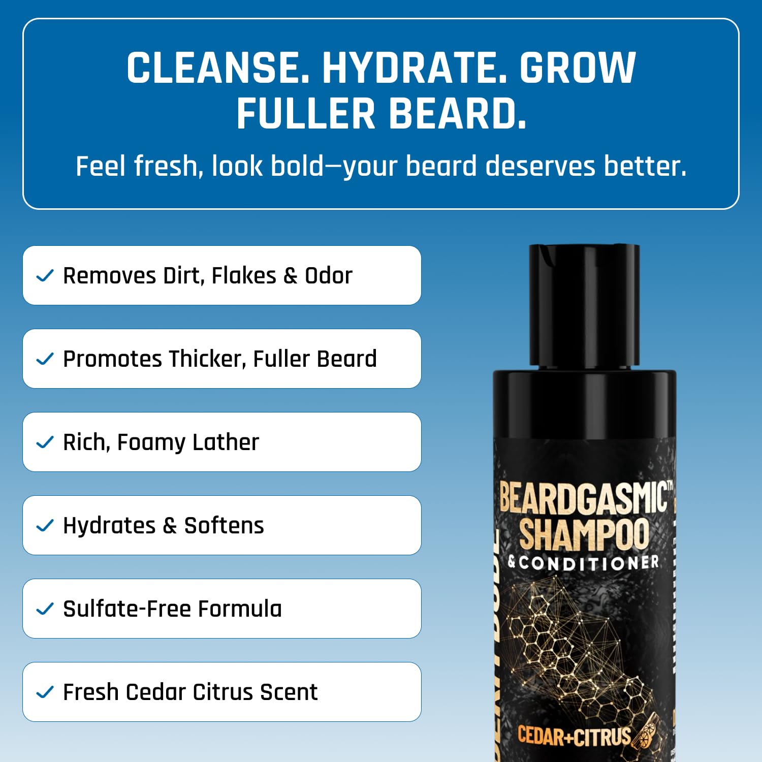 Hands applying BeardGasmic to beard during grooming session.