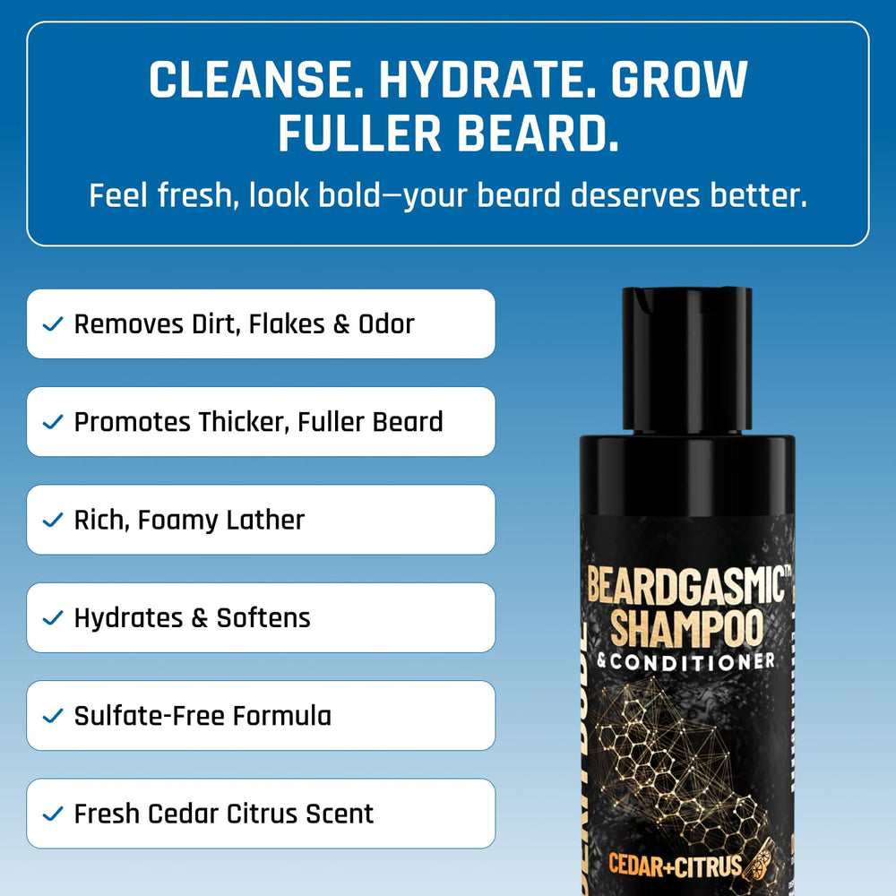 Hands applying BeardGasmic to beard during grooming session.