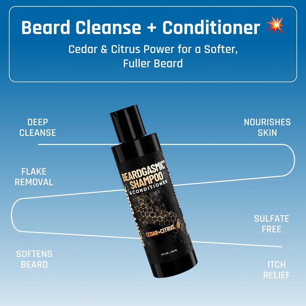 Close-up of BeardGasmic label highlighting key ingredients.