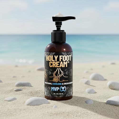 Derm Dude Holy Foot Cream jar label close-up with DeoPlex and MVP scent details.