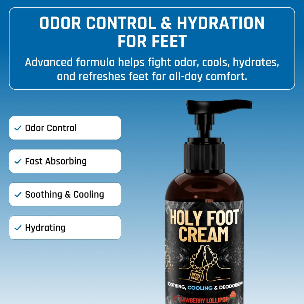 Derm Dude Holy Foot Cream Strawberry Lollipop scent hints at pleasant fragrance.