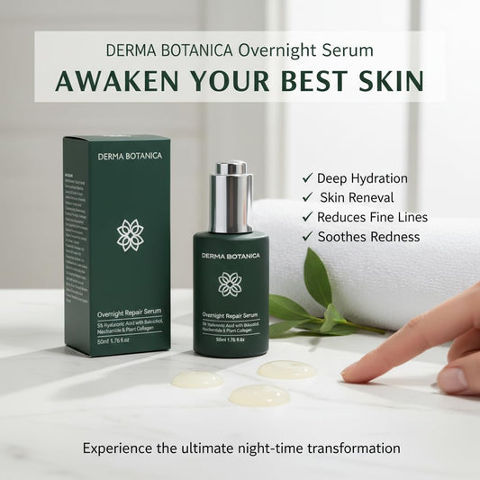 Derma Botanica Overnight Repair Serum dropper closeup, gentle nightly hydration.