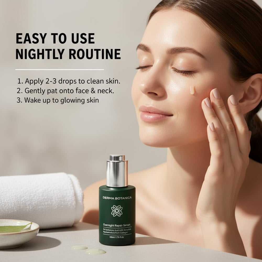 Derma Botanica Overnight Repair Serum concept with hyaluronic acid molecules for deep hydration.