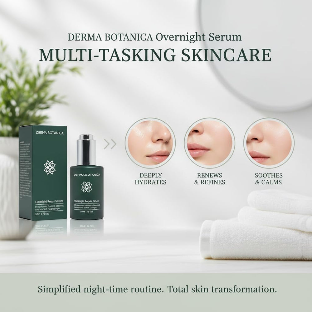 Derma Botanica Overnight Repair Serum packaging, clean formula and cruelty-free promise.