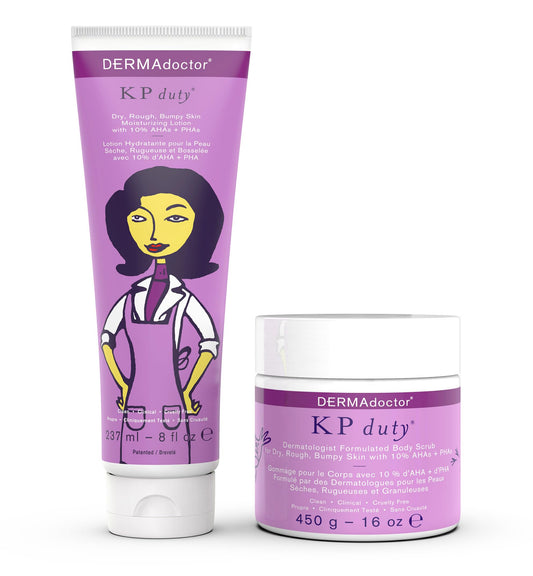 DERMAdoctor KP Bump Eraser Scrub bottle highlighting exfoliation for smoother elbows and knees.