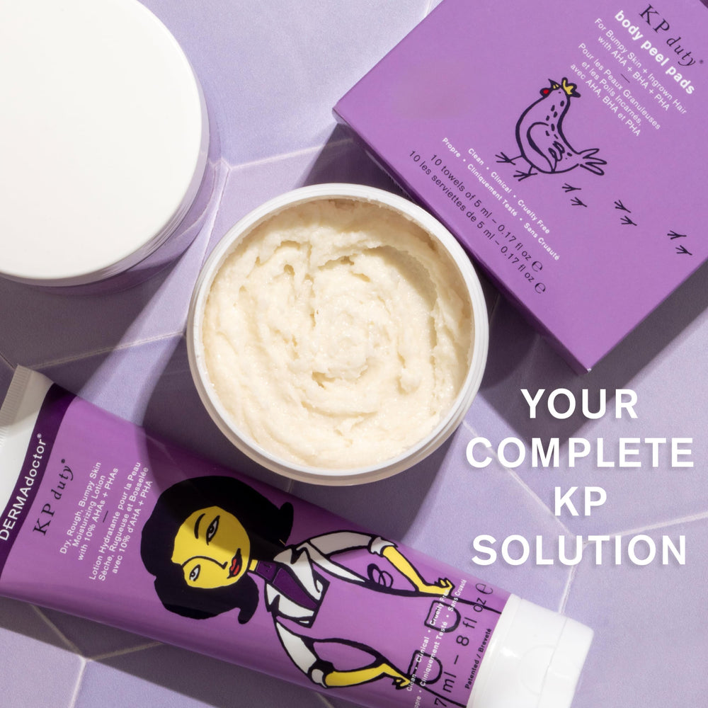 DERMAdoctor KP Bump Eraser shower routine scene with clear, fragrance-free formula.