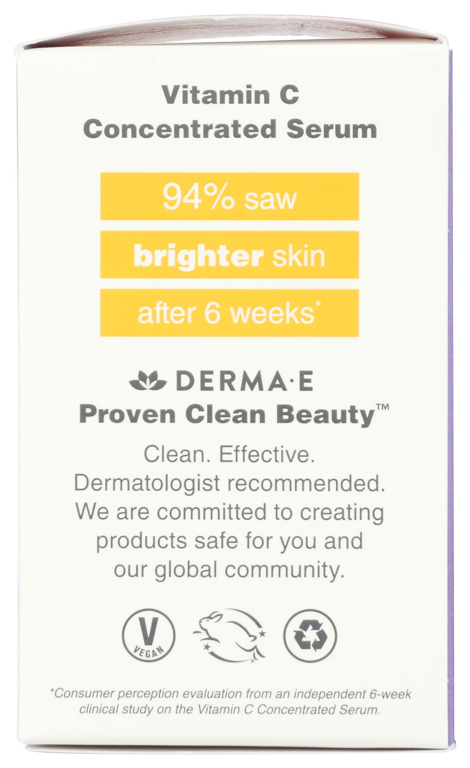 Derma E label close-up showing sustainable packaging and cruelty-free claim.
