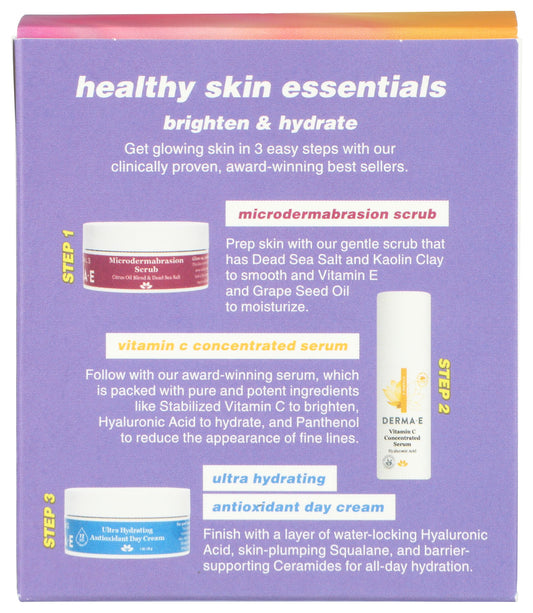 Derma E kit opened to reveal contents for a complete daily skincare routine.