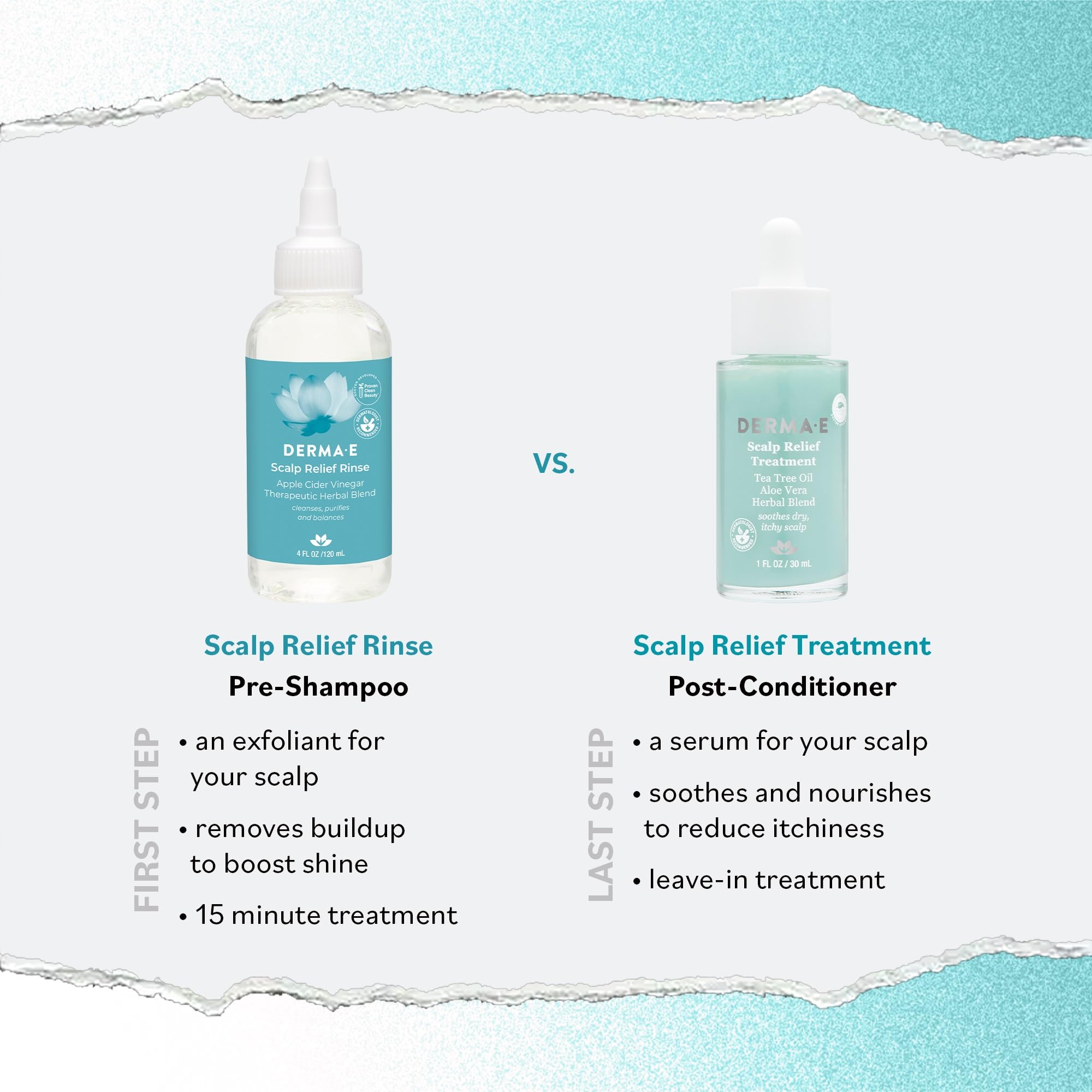 Derma-E Scalp Exfoliating Rinse backside label detail shows ingredients and pH note.