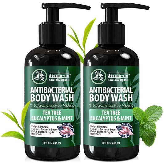 Derma-Nu antibacterial body wash bottle pour—soothing tea tree formula for clean skin