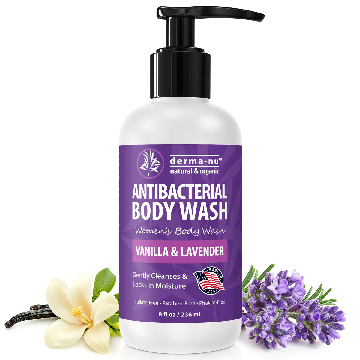 Derma-Nu antibacterial body wash bottle promotes fresh, clean skin for daily use.