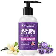 Derma-Nu antibacterial body wash bottle promotes fresh, clean skin for daily use.