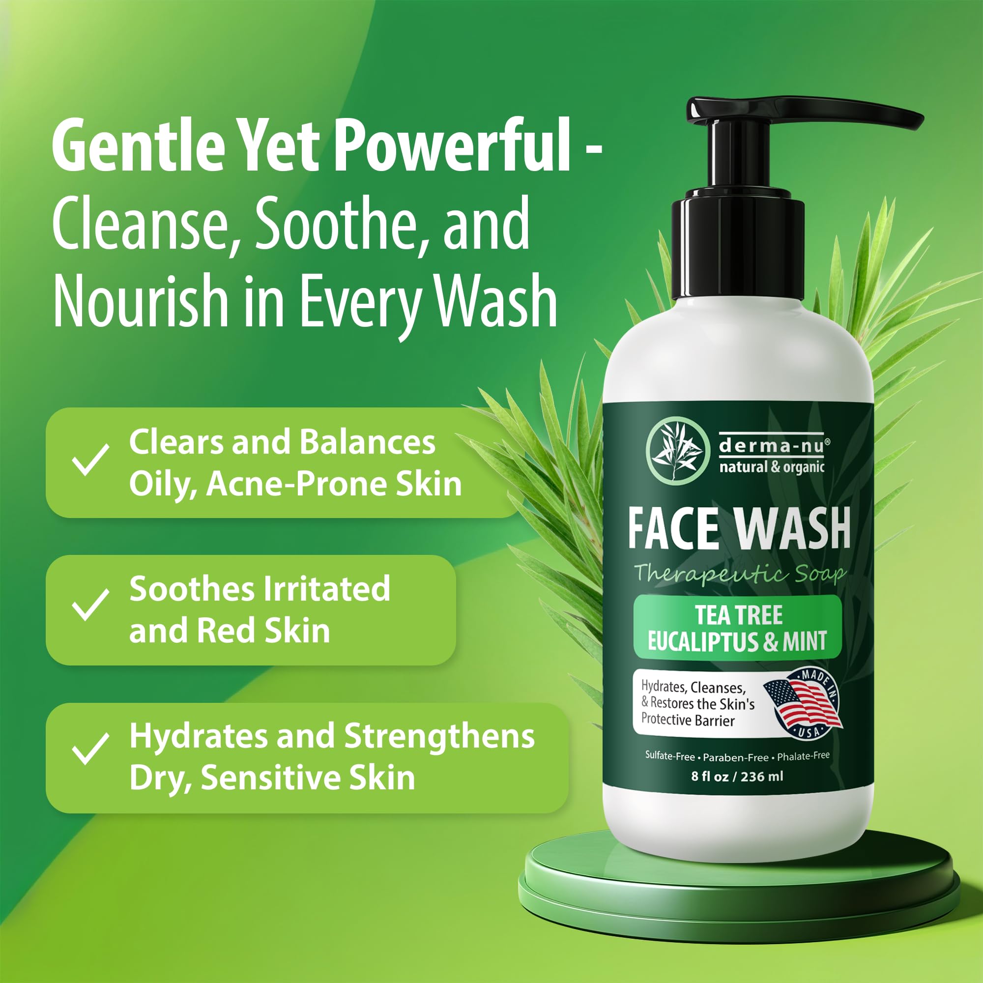 Morning routine shot featuring Derma-Nu Gentle Face Wash made in USA
