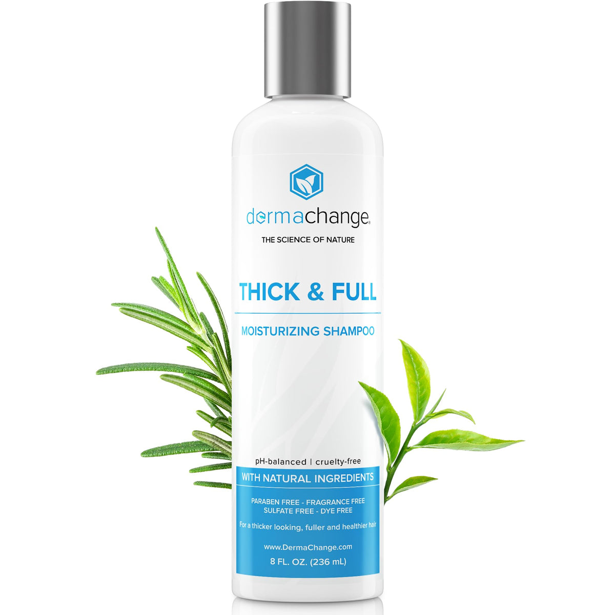 DermaChange Hair Growth Shampoo bottle closeup, sulfate-free formula for thinning hair