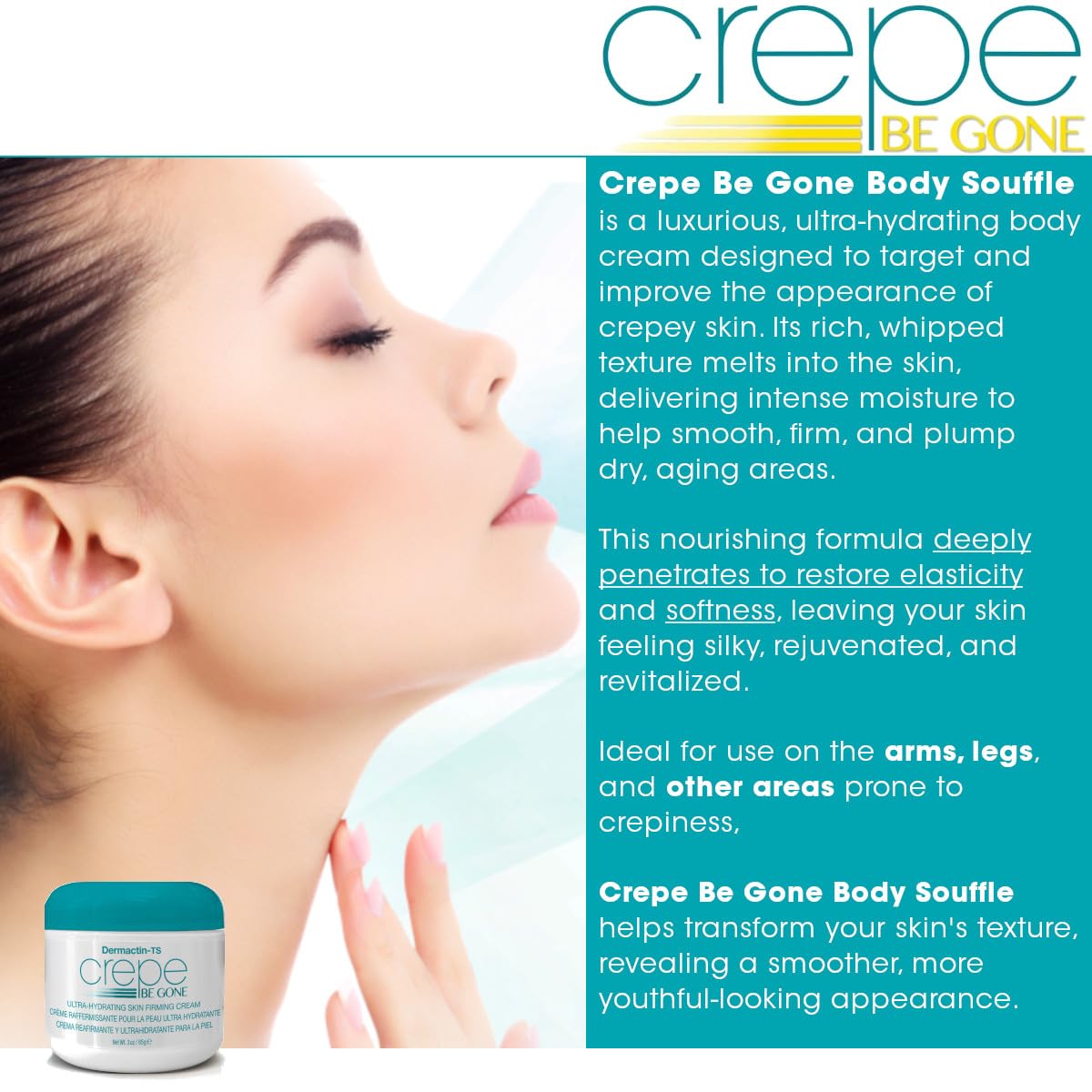 Dermactin Crepe Be Gone on legs for improved hydration and softness