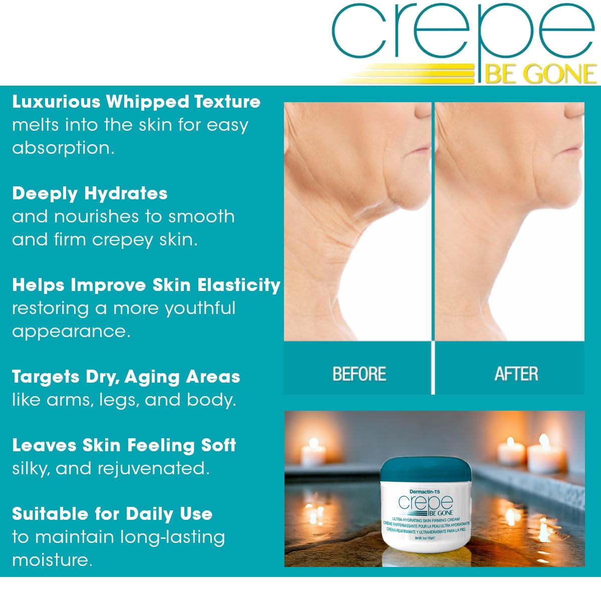 Dermactin Crepe Be Gone daily use container shown beside towel