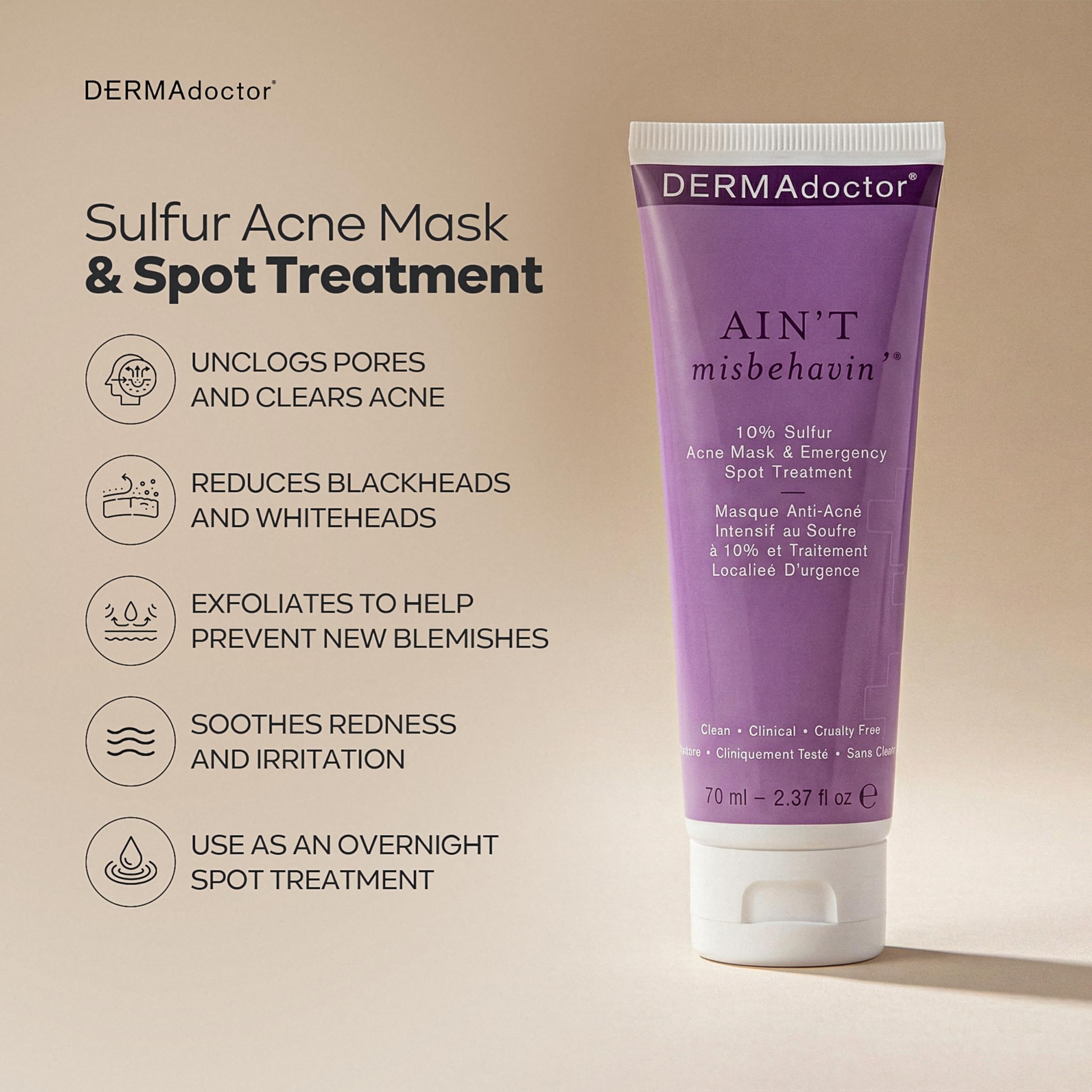 DERMAdoctor Ain't Misbehavin 10% sulfur acne mask absorbs oil and helps dry blemishes.